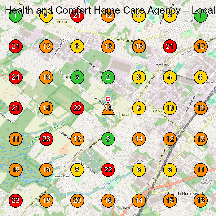 Health and Comfort Home Care Agency Home Health Care Service GeoGrid ranking map for North Brunswick Township NJ